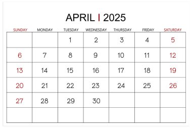 Takvim Nisan 2025 beyaz arkaplanda izole edildi. Kırpma yolunu kaydet.
