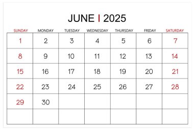 Takvim Haziran 2025 beyaz zemin üzerinde izole edilmiş. Kırpma yolunu kaydet.