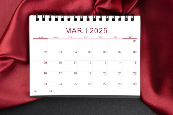 March 2025 Monthly Desk Calendar Red Silk Black Color Leather — Stock Photo, Image