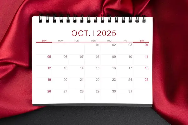 October 2025 Monthly Desk Calendar Red Silk Black Color Leather — Stock Photo, Image