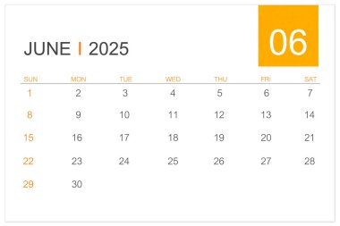 2025 yılı için Haziran takvim sayfası beyaz arkaplanda izole edilmiş, kırpma yolunu kaydet.