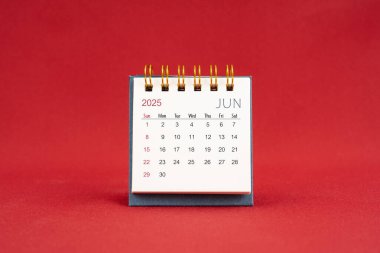Kırmızı arkaplanda 2025 yılı için Haziran Mini takvimi.
