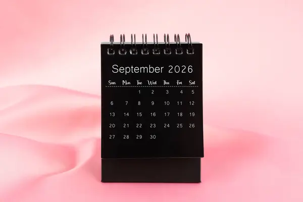 Black Desk Calendar September 2026 Pink Color Silk Textile Background — Stock Photo, Image