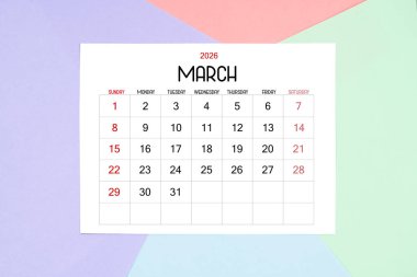 2026 yılı için renkli bir takvim kartı. Düz yatıyordu.