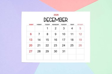 2026 yılı için renkli aralık takvim kartı. Düz yatıyordu.