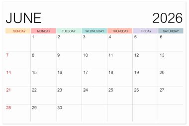 Takvim Haziran 2026 beyaz arkaplan üzerinde izole edilmiş sayfa, kırpma yolunu kaydet.