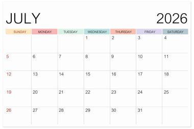 Takvim Temmuz 2026 beyaz arkaplan üzerinde izole edilmiş, kırpma yolunu kaydet.