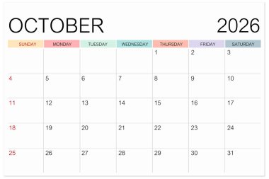 Takvim Ekim 2026 beyaz renk arkaplan üzerinde izole edilmiş, kırpma yolunu kaydet.