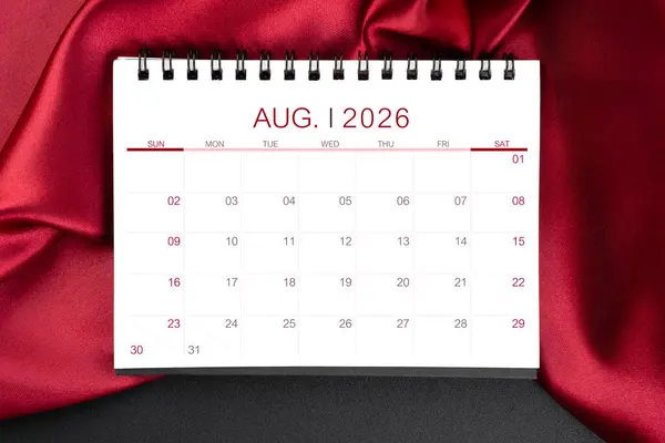 August 2026 Monthly Desk Calendar Red Silk Black Color Leather — Stock Photo, Image