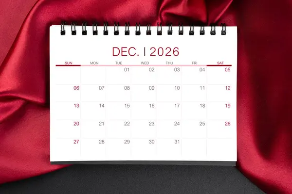 December 2026 Monthly Desk Calendar Red Silk Black Color Leather — Stock Photo, Image