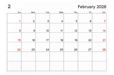 Takvim Şubat 2026 beyaz arkaplanda izole edilmiş, kırpma yolunu kaydet