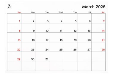 Takvim Mart 2026 beyaz arkaplanda izole edilmiş, kırpma yolunu kaydet