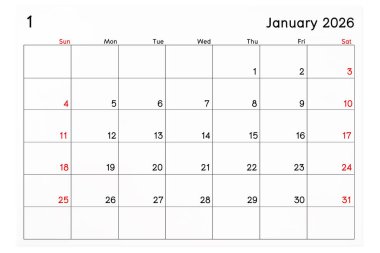 Takvim Ocak 2026 beyaz arkaplan üzerinde izole edilmiş, kırpma yolunu kaydet