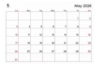Takvim Mayıs 2026 beyaz arkaplanda izole edilmiş, kırpma yolunu kaydet