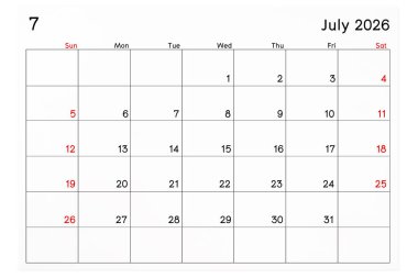 Takvim Temmuz 2026 beyaz arkaplan üzerinde izole edilmiş, kırpma yolunu kaydet