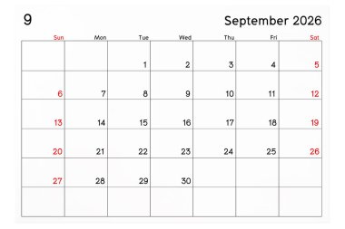 Takvim Eylül 2026 beyaz arkaplanda izole edilmiş, kırpma yolunu kaydet