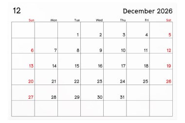 Takvim Aralık 2026 beyaz arkaplan üzerinde izole edilmiş, kırpma yolunu kaydet
