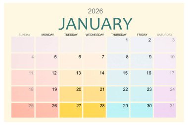 Ocak 2026 Renkli takvim sayfası beyaz arkaplanda izole edildi, kırpma yolunu kaydet.