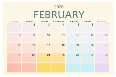 Şubat 2026 Renkli takvim sayfası beyaz arkaplanda izole edildi, kırpma yolunu kaydet.