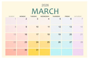 Mart 2026 Renkli takvim sayfası beyaz arkaplanda izole edildi, kırpma yolunu kaydet.