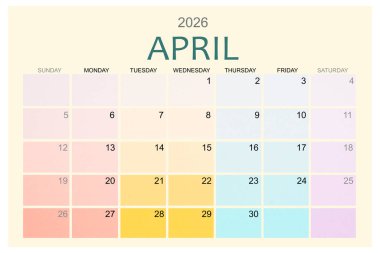 Nisan 2026 Renkli takvim sayfası beyaz arkaplanda izole edildi, kırpma yolunu kaydet.