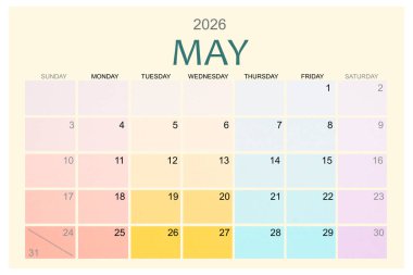 Mayıs 2026 Renkli takvim sayfası beyaz arkaplanda izole edildi, kırpma yolunu kaydet.