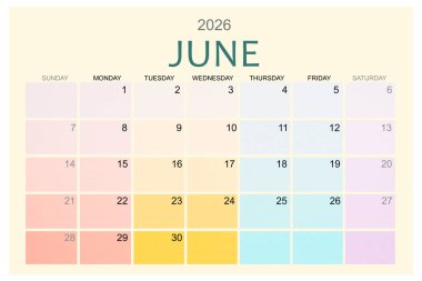 Haziran 2026 Renkli takvim sayfası beyaz arkaplanda izole edildi, kırpma yolunu kaydet.