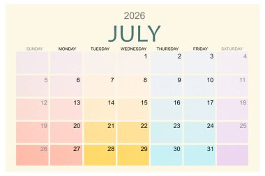 Temmuz 2026 Renkli takvim sayfası beyaz arkaplanda izole edildi, kırpma yolunu kaydet.