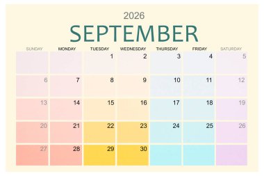 Eylül 2026 Renkli takvim sayfası beyaz arkaplanda izole edildi, kırpma yolunu kaydet.