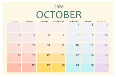 Ekim 2026 Renkli takvim sayfası beyaz arkaplanda izole edildi, kırpma yolunu kaydet.