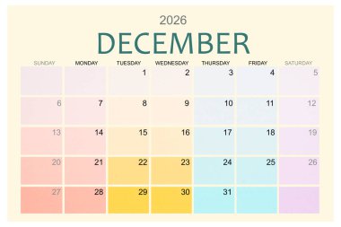 Aralık 2026 Renkli takvim sayfası beyaz arkaplanda izole edildi, kırpma yolunu kaydet.