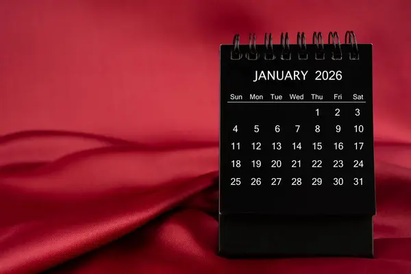 Black Desk Calendar January 2026 Red Satin Silk Textile Background — Stock Photo, Image