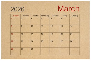 Mart 2026 için kahverengi kağıt takvim beyaz arka planda izole.