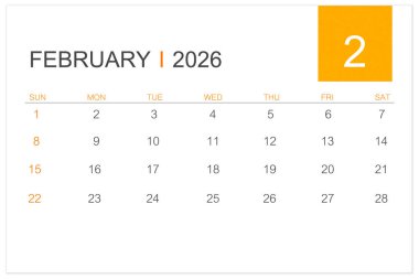 2026 yılı için Şubat takvim sayfası beyaz arkaplanda izole.