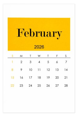 Takvim Şubat 2026 beyaz arkaplanda izole edilmiş düz biçim, kırpma yolunu kaydet.