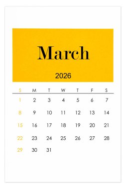 Takvim Mart 2026 beyaz arkaplanda izole edilmiş düz biçim, kırpma yolunu kaydet.