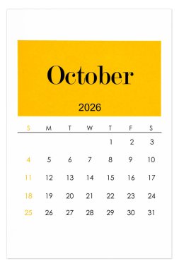 Takvim Ekim 2026 beyaz arkaplanda izole edilmiş düz biçim, kırpma yolunu kaydet.