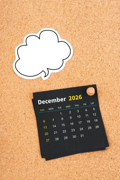 December 2026 Black Calendar Page Blank Speech Bubble Thumbtack Board — Stock Photo, Image