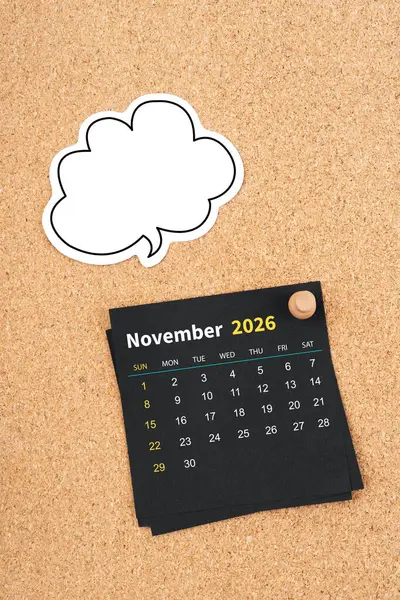 November 2026 Black Calendar Page Blank Speech Bubble Thumbtack Board — Stock Photo, Image