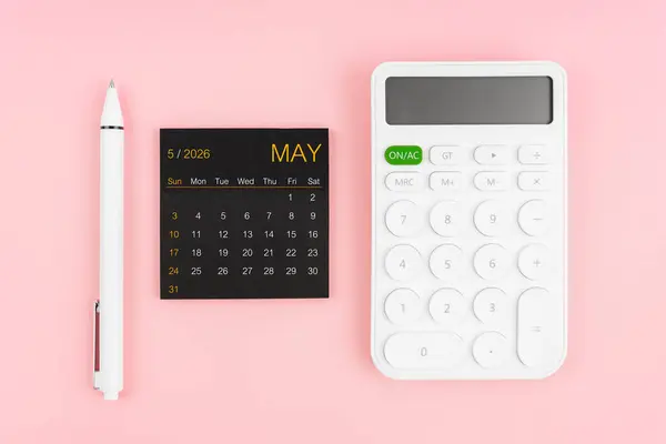 May 2026 Calendar White Calculator Pen Pink Background — Stock Photo, Image