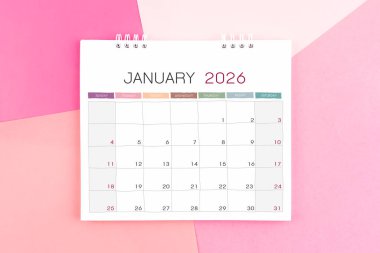 2026 yılı için renkli arkaplanlı Ocak ayı masa takvimi.