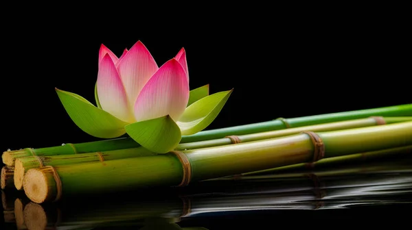 Vista Orizzontale Bellissimo Fiore Loto Rosa Tronchi Verdi Bambù Sfondo — Foto Stock