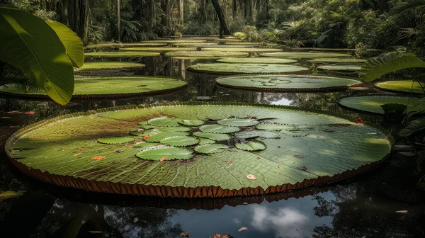 horizontal view of lily pads and lotus flowers floating in the river, made with Generative AI
