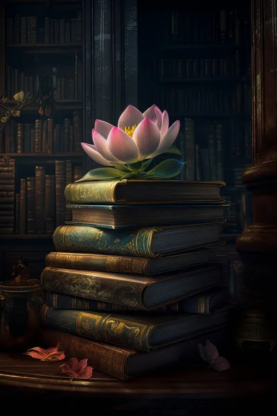 vertical view of a mysterious scene of a beautiful lotus flower on top of a stack of old books in a dimly lit library, made with Generative AI