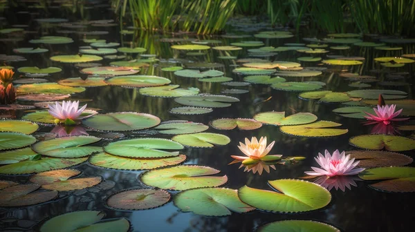 horizontal view of lily pads and lotus flowers floating in the river, made with Generative AI