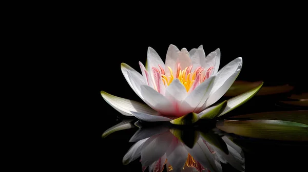 Horizontale Weergave Van Een Witte Lotusbloem Met Reflectie Zwarte Achtergrond Stockafbeelding