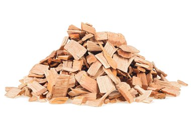 Pile of wood chips from alder tree. Wooden chips for smoking meat and fish isolated on a white background. clipart