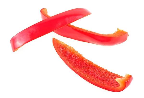 Rode Zoete Paprika Gesneden Stroken Geïsoleerd Een Witte Achtergrond Rode — Stockfoto
