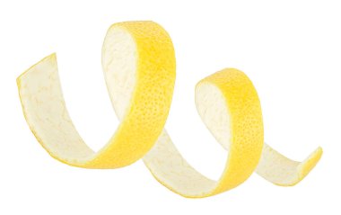 Spiral lemon twist isolated on a white background. Lemon peel or lemon skin.