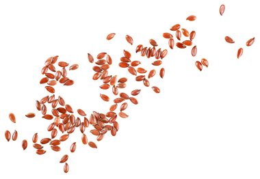 Brown flax seeds isolated on a white background, top view. Small group of linseeds.